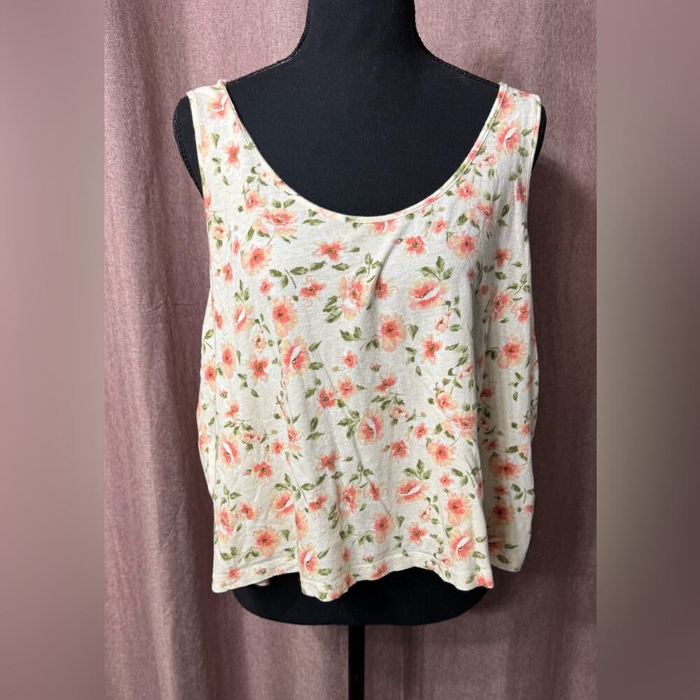 Forever 21 Womens Sz L Flowy Floral White Pink Tank Top Shirt Summer Lightweight